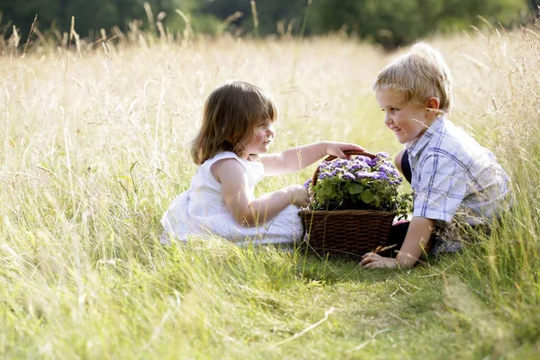 Barn Med Korg Med Blommor — Stockfoto