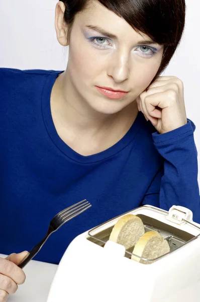 Woman Holding Fork Waiting Her Toast — Stock Photo, Image