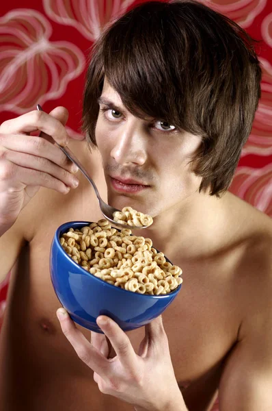 Homem Tomando Café Manhã Cereais — Fotografia de Stock