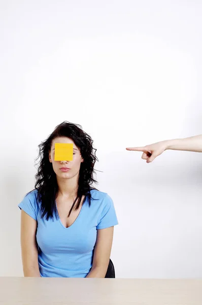 Finger Pointing Woman Paper Pasted Her Face — 스톡 사진