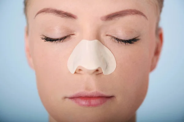 Woman Cleansing Strip Her Nose Closing Her Eyes — Φωτογραφία Αρχείου