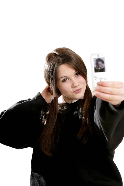 Menina Tirando Sua Própria Foto Com Celular Câmera — Fotografia de Stock