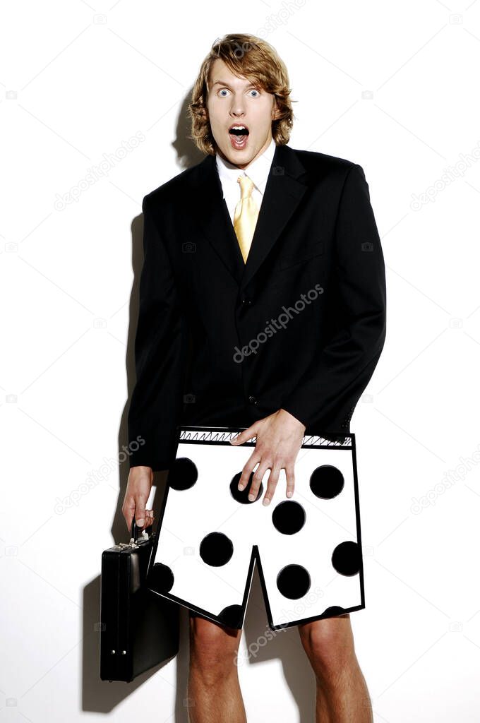 Businessman in boxer shorts showing shocked expression