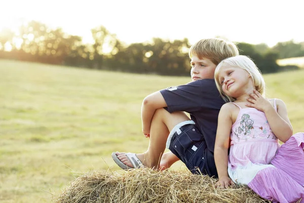 干し草の山の上に座っている子供たち — ストック写真