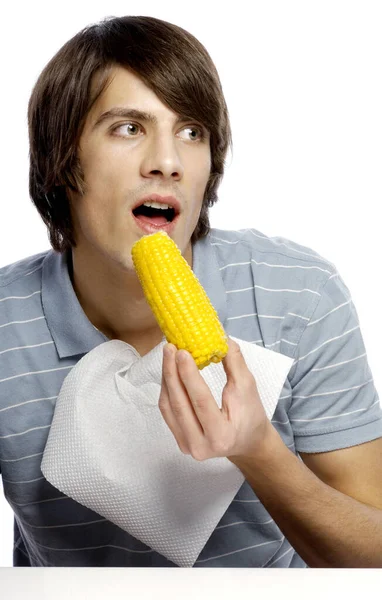 Man Napkin Eating Corn — Stock Photo, Image