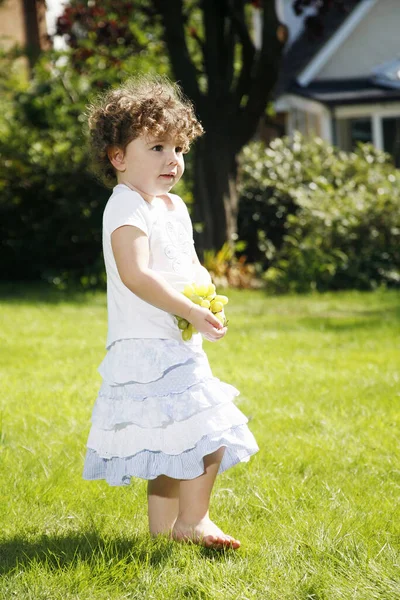 Girl Holding Bunch Green Grapes While Walking Park — Stockfoto