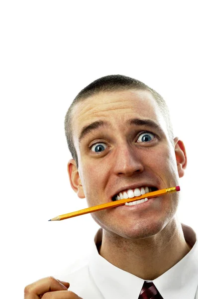 口の中に鉛筆を持ったビジネスマン — ストック写真