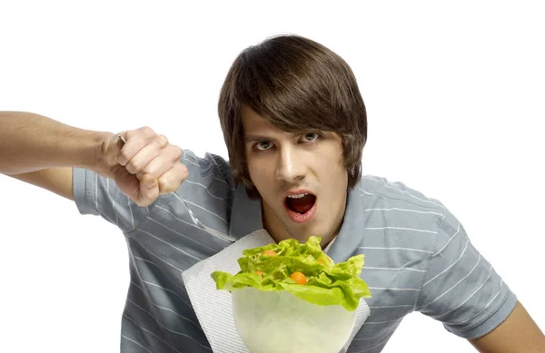 Man Eating Salad White Background — Stockfoto
