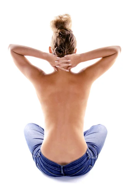 Back Shot Topless Woman Sitting Floor — Stockfoto