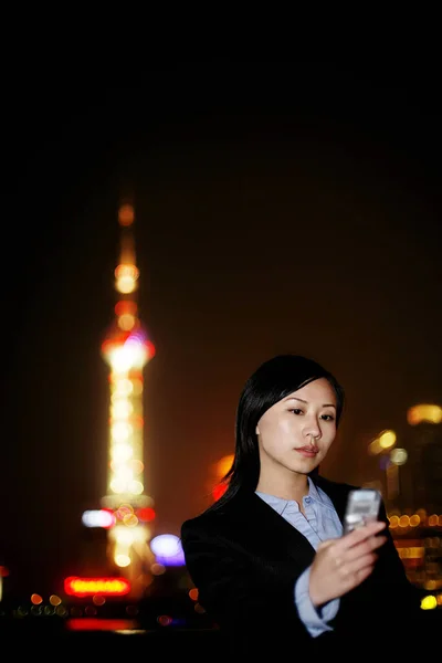 Businesswoman Taking Her Own Picture Camera Phone — Stock Photo, Image