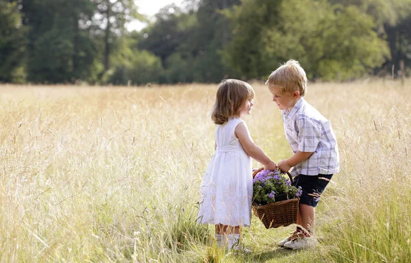 女の子を助ける小さな男の子とともに花のバスケット — ストック写真