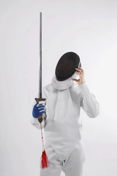 Confused Man Fencing Suit Holding Sword — Stock Photo, Image