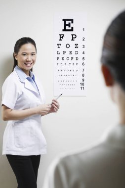 Kadın doktor hastasının görme yeteneğini test ediyor.