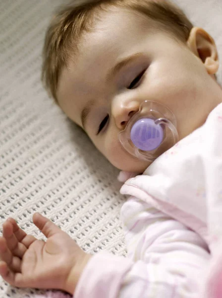 Baby Girl Pacifier Sleeping Crib — Stock Photo, Image