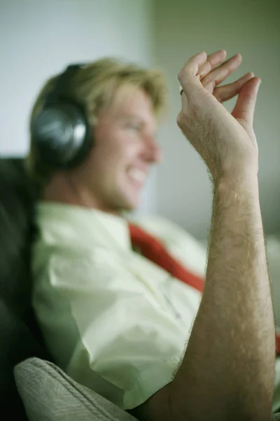 Businessman Listening Music Headphones — Stock Photo, Image