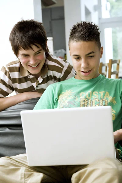 Boy Using Laptop Another Boy Watching — Stock Photo, Image