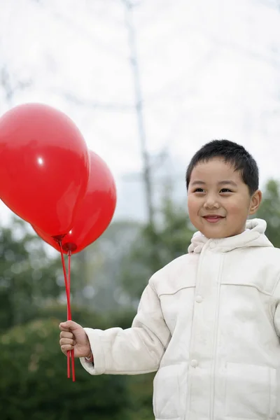 Jongen Met Twee Rode Ballonnen — Stockfoto