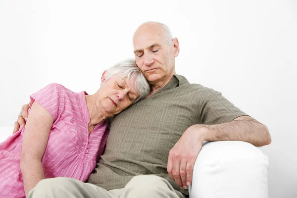 Senior Man Woman Taking Nap Couch — Stock Photo, Image