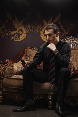 İş adamı mesaj atarken antika koltukta oturuyor.