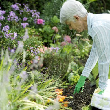 Bahçe işi yapan kıdemli bir kadın.