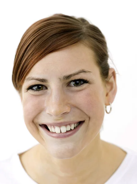 Mujer Feliz Sonriendo Sobre Fondo Blanco — Foto de Stock