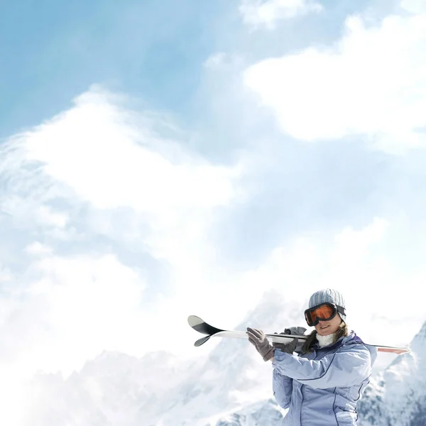 Woman Ski Goggles Holding Skis — Stock Photo, Image