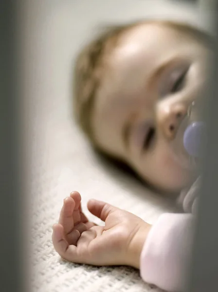 Baby Girl Pacifier Sleeping Crib — Stock Photo, Image