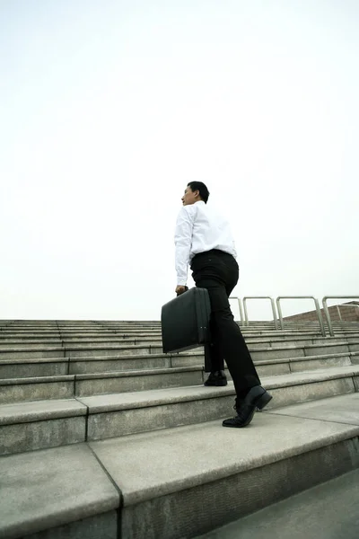 Businessman with briefcase walking up the stairs