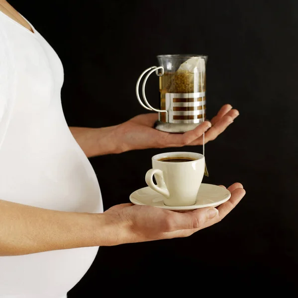 Pregnant Woman Glass Tea Cup Coffee — Stock Photo, Image