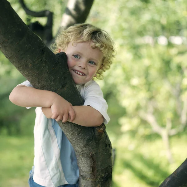 Ragazzo Che Abbraccia Ramo Albero — Foto Stock