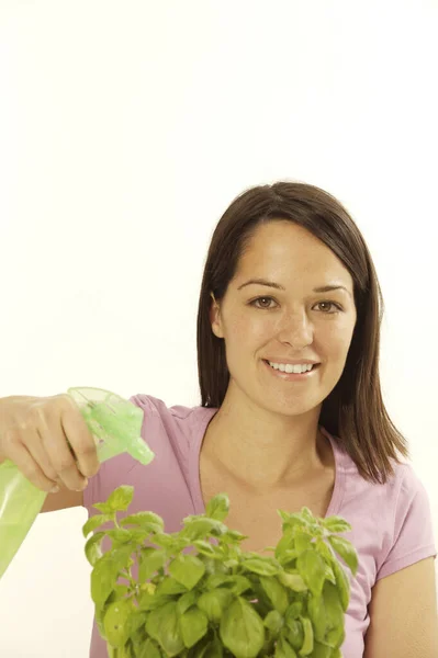 Mujer Rociando Una Planta Maceta — Foto de Stock