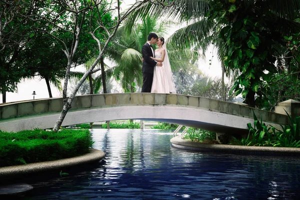 Sposa Sposo Che Abbracciano Sul Ponte Sulla Piscina — Foto Stock