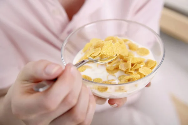 Woman Holding Bowl Breakfast Cereal — Stock Photo, Image