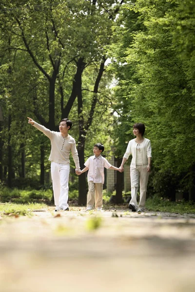 Garçon Tenant Main Avec Les Parents Tout Marchant Dans Parc — Photo