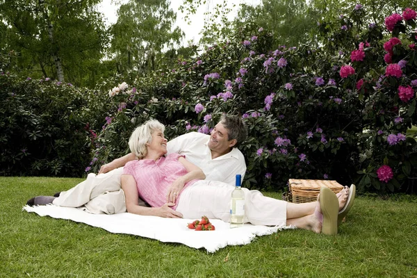 Senior man and woman picnicking in the park