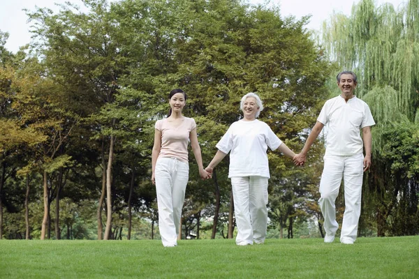 Woman Together Senior Couple Holding Hands While Walking Park — Stock Photo, Image