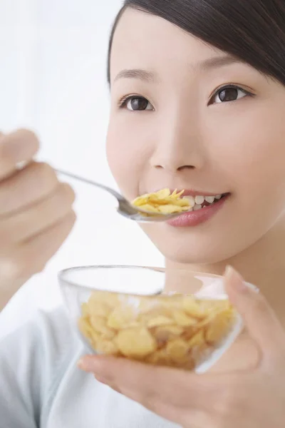 Woman Enjoying Bowl Breakfast Cereal — Stock Photo, Image