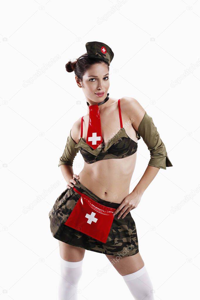 Woman in army nurse costume
