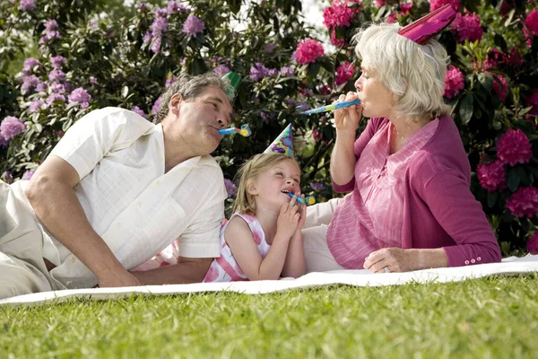 Familie Feiert Geburtstag Park Spielt Mit Partyhornbläser — Stockfoto