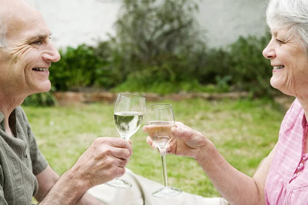 Hombre Mujer Mayores Brindando Por Bebida — Foto de Stock