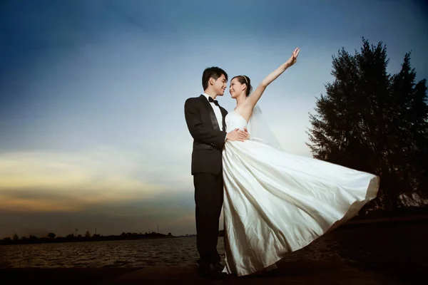 Sposa Sposo Posa All Aperto — Foto Stock