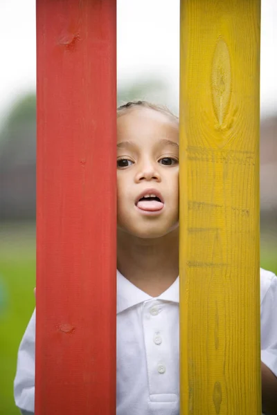 Meisje Gluurt Door Hekken Steekt Haar Tong Uit — Stockfoto