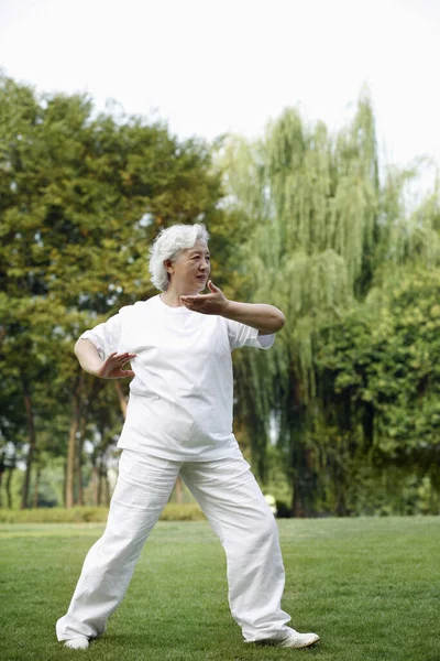 Senior Mulher Praticando Tai Chi Parque — Fotografia de Stock