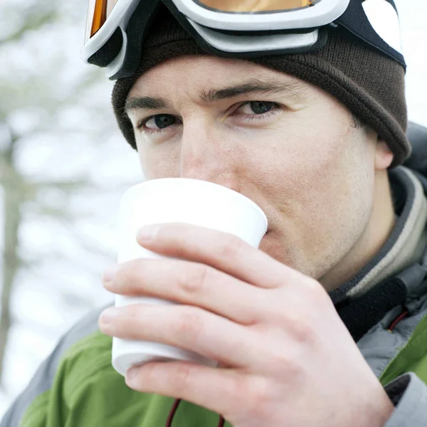 Man Warm Clothing Enjoying Cup Hot Drink — Stock Photo, Image