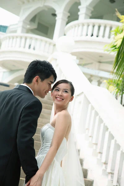 Bride Groom Posing Stairway Stock Image