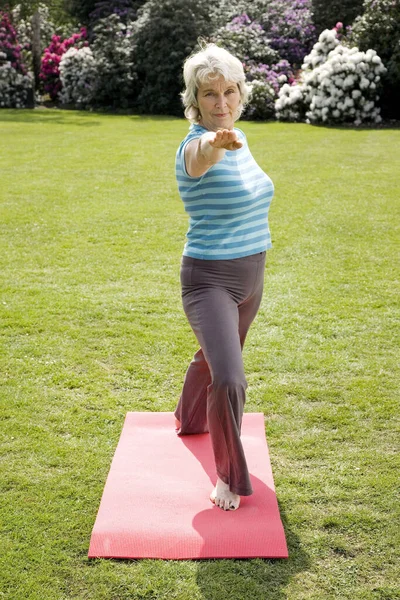 Yaşlı Kadın Parkta Yoga Yapıyor — Stok fotoğraf