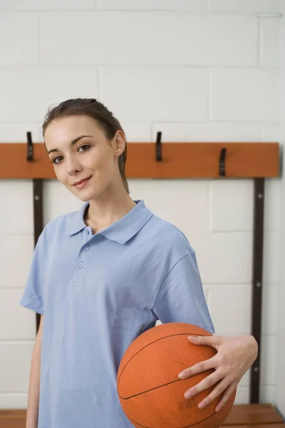Girl Holding Basketball Changing Room — Stock Photo, Image