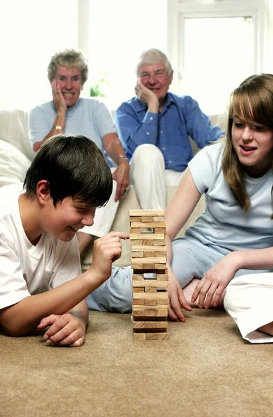 Vieux Couple Regardant Leurs Petits Enfants Jouer Blocs Construction — Photo