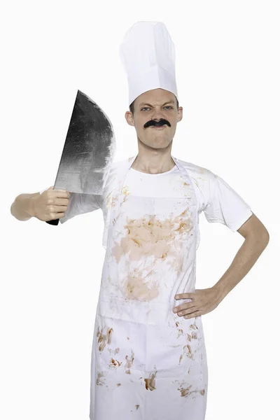 Man Moustache Holding Knife — Stock Photo, Image