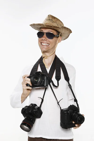 Uomo Cappello Con Tre Telecamere — Foto Stock